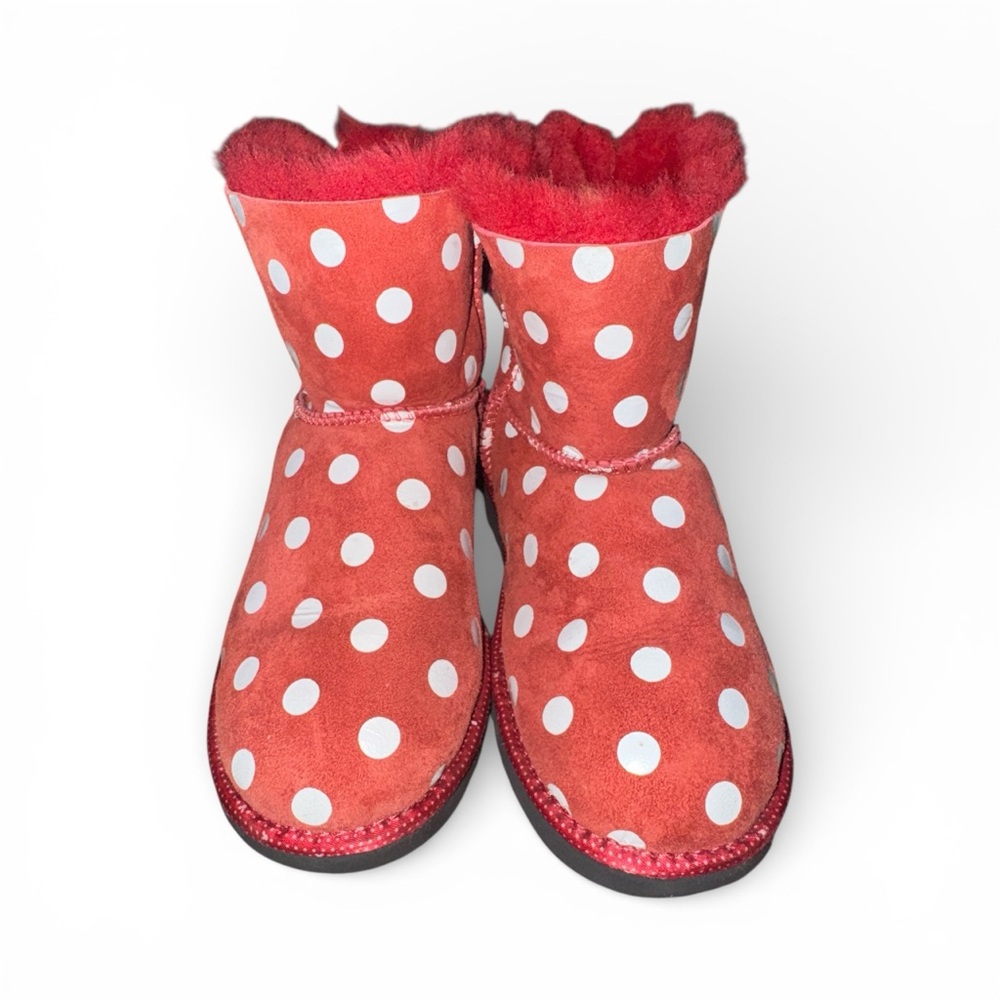 Disney Minnie Mouse UGG Red Polka Dot Boots Black Bows Rare Big Girls Size 4 - Picture 2 of 7
